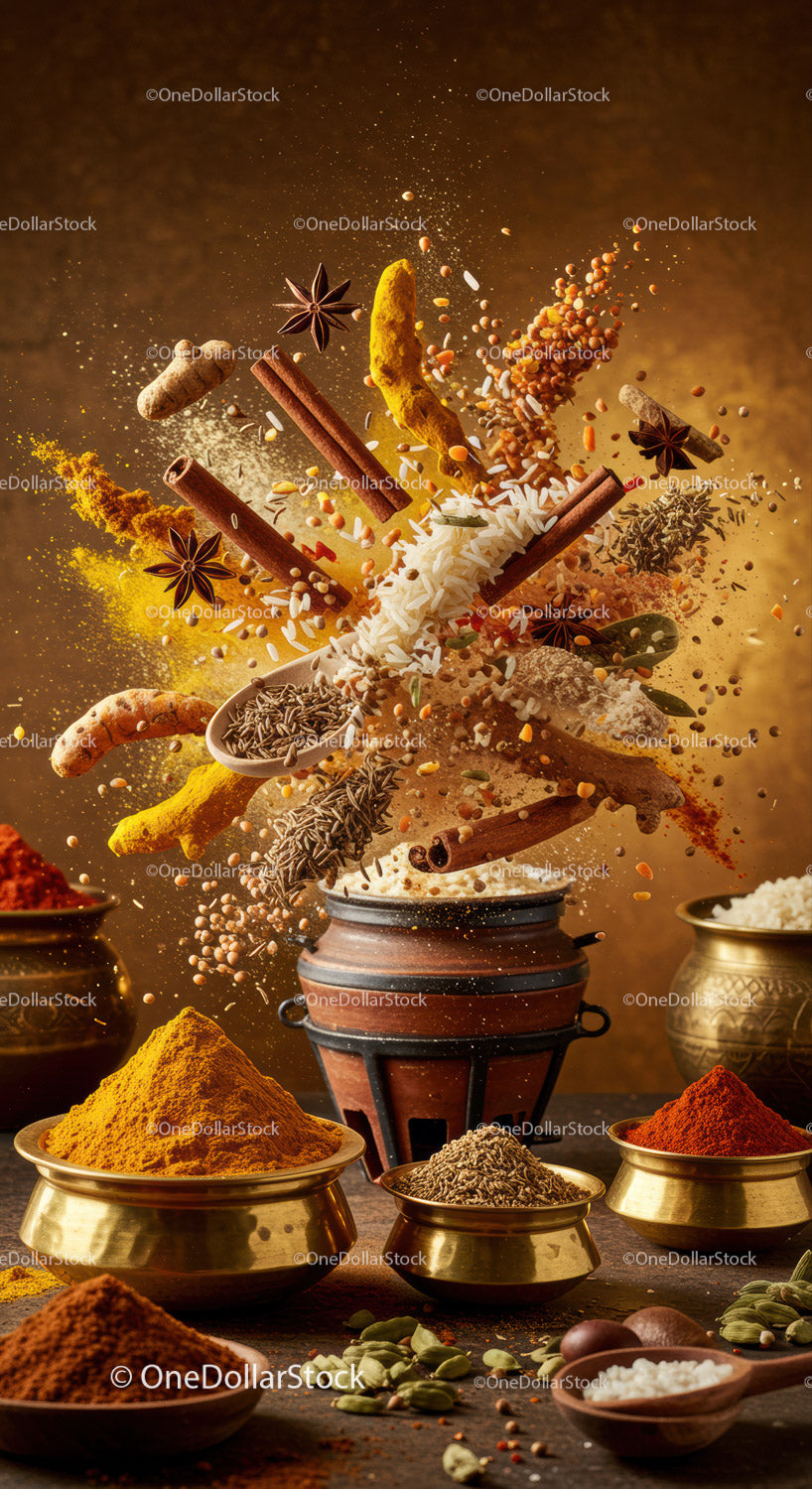 Assorted Indian Spices and Rice with Dynamic Motion