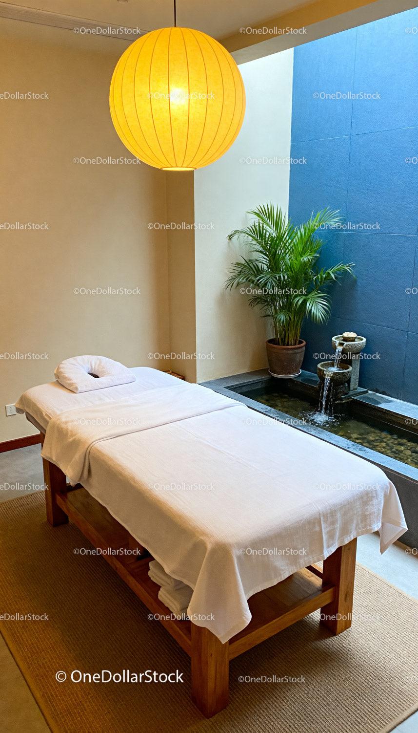Tranquil spa room with massage table and water feature