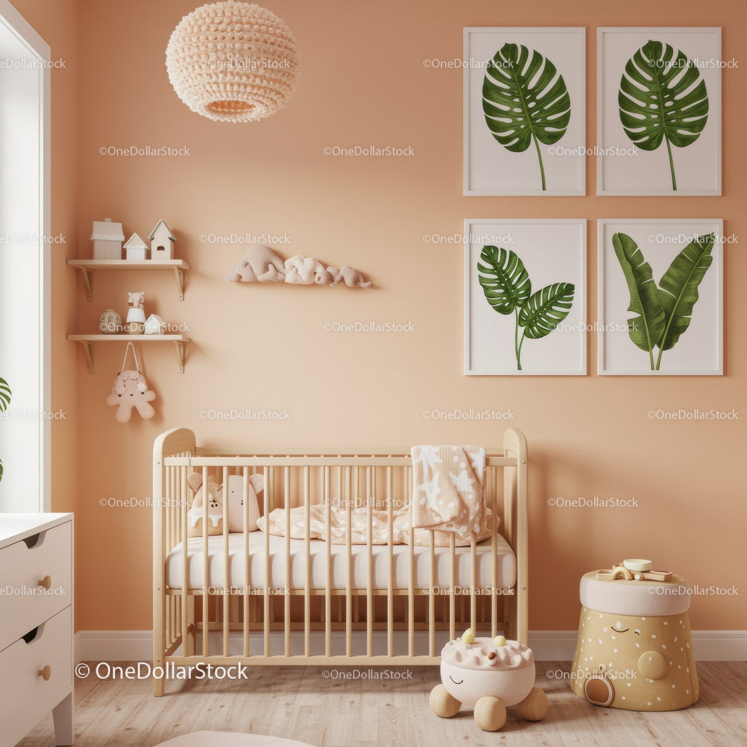 Modern Nursery Room with Green Monstera Leaf Wall Art and Baby Crib