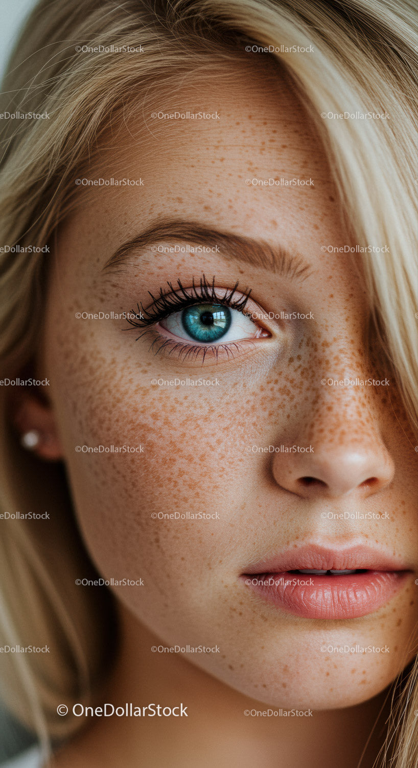Close up of blue eye and freckled face of young woman
