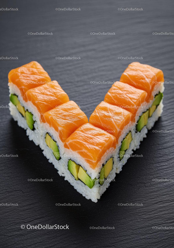Fresh salmon avocado sushi rolls arranged on black slate