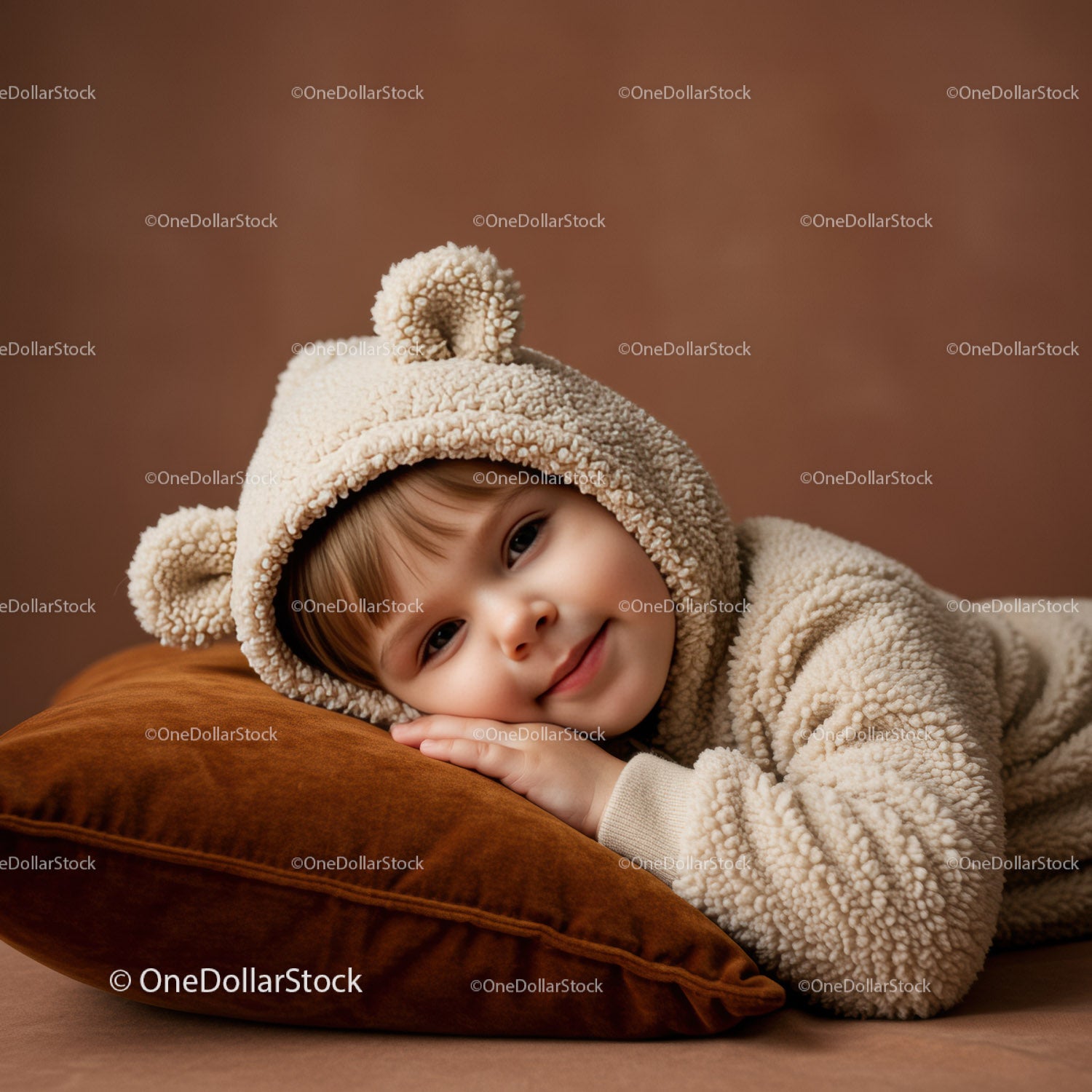 Child resting peacefully in cozy bear hoodie