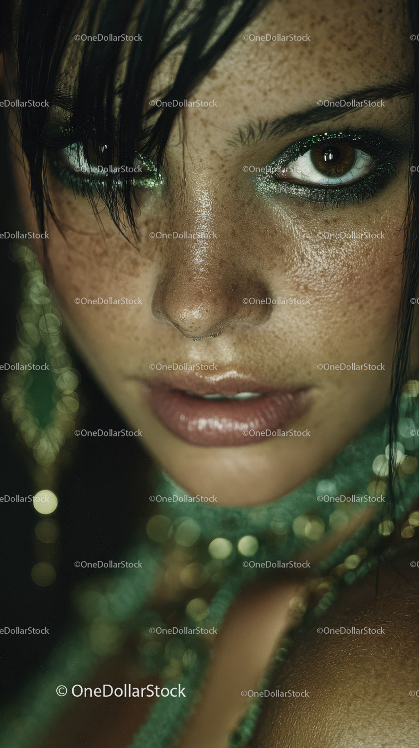 Intense Close-Up Portrait of a Woman with Green Jewelry and Seductive Gaze