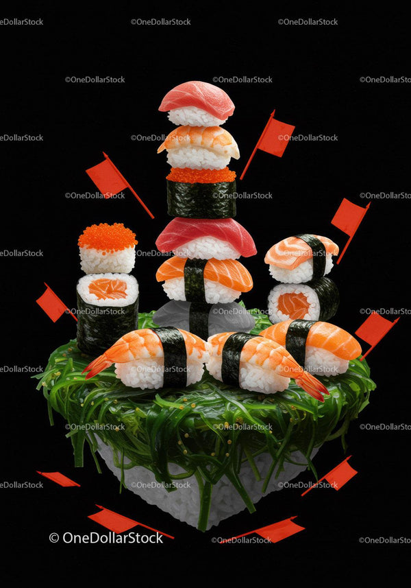 Artistic sushi tower with shrimp and salmon on seaweed bed