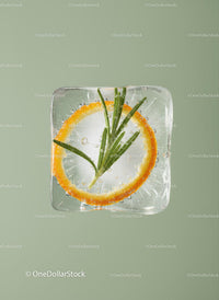 Ice cube with orange slice and rosemary herb