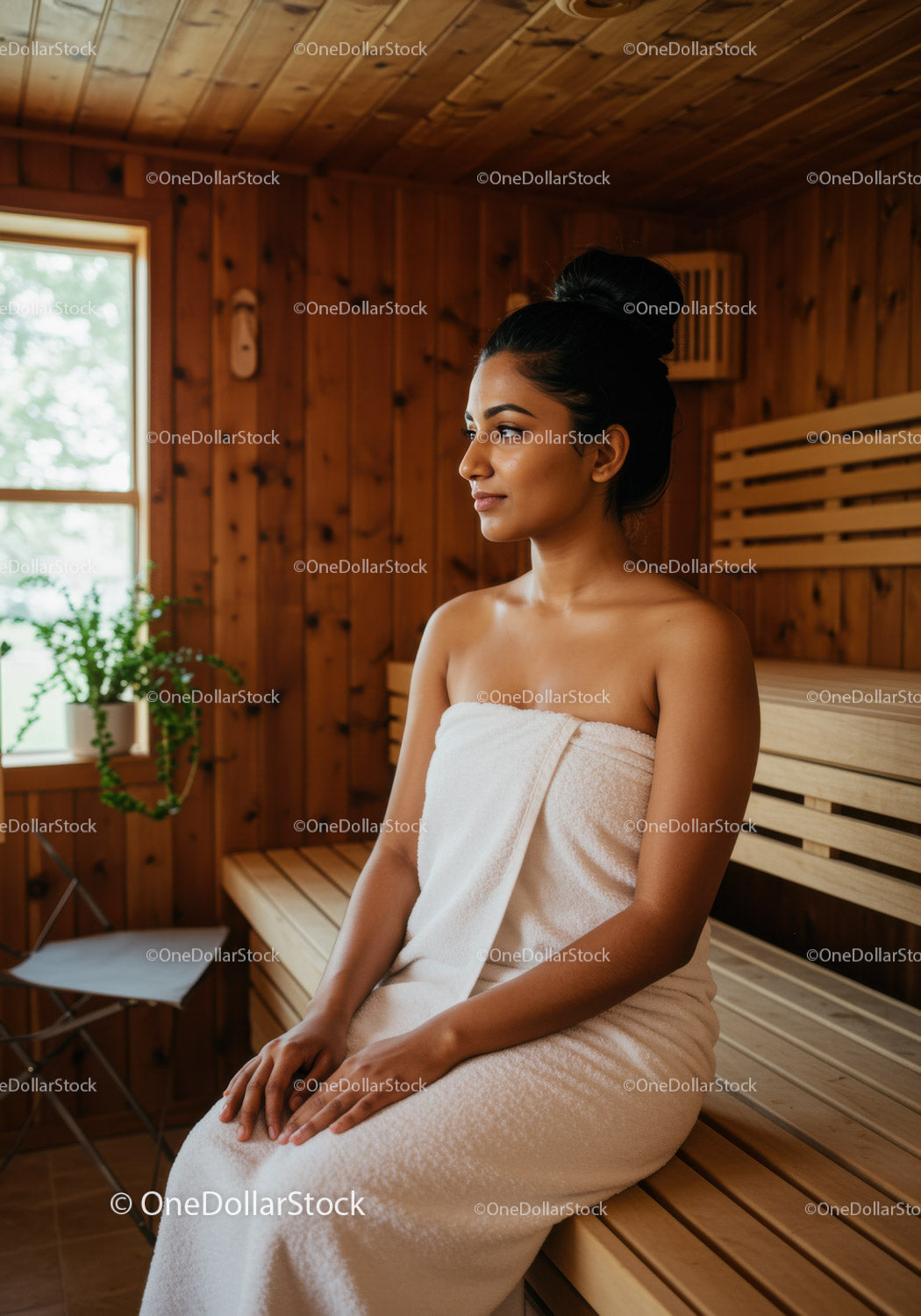 Relaxing Woman Sitting in Wooden Spa Room During Therapy Session