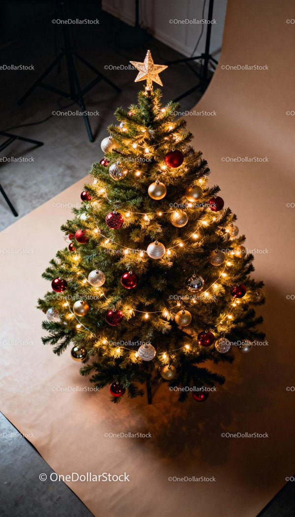 Festive Christmas tree decorated with lights and ornaments