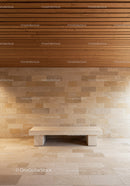 Modern Interior with Wooden Ceiling and Beige Stone Wall