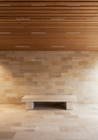 Modern Interior with Wooden Ceiling and Beige Stone Wall