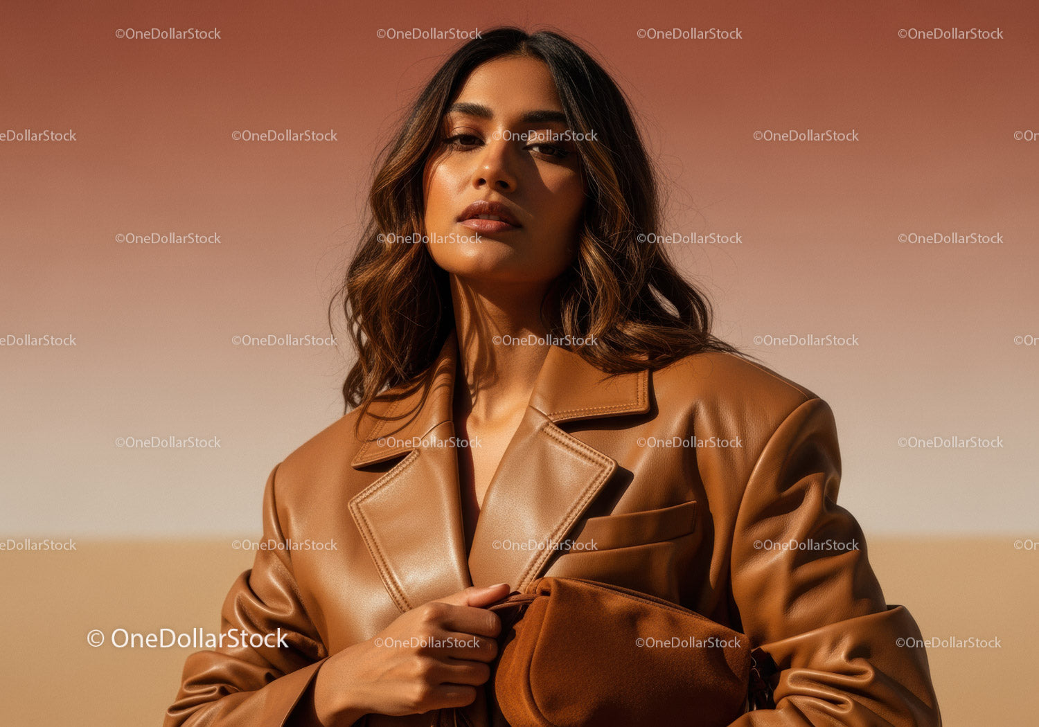 Stylish Woman in Brown Leather Jacket During Sunset Outdoor Photoshoot