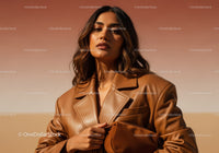 Stylish Woman in Brown Leather Jacket During Sunset Outdoor Photoshoot