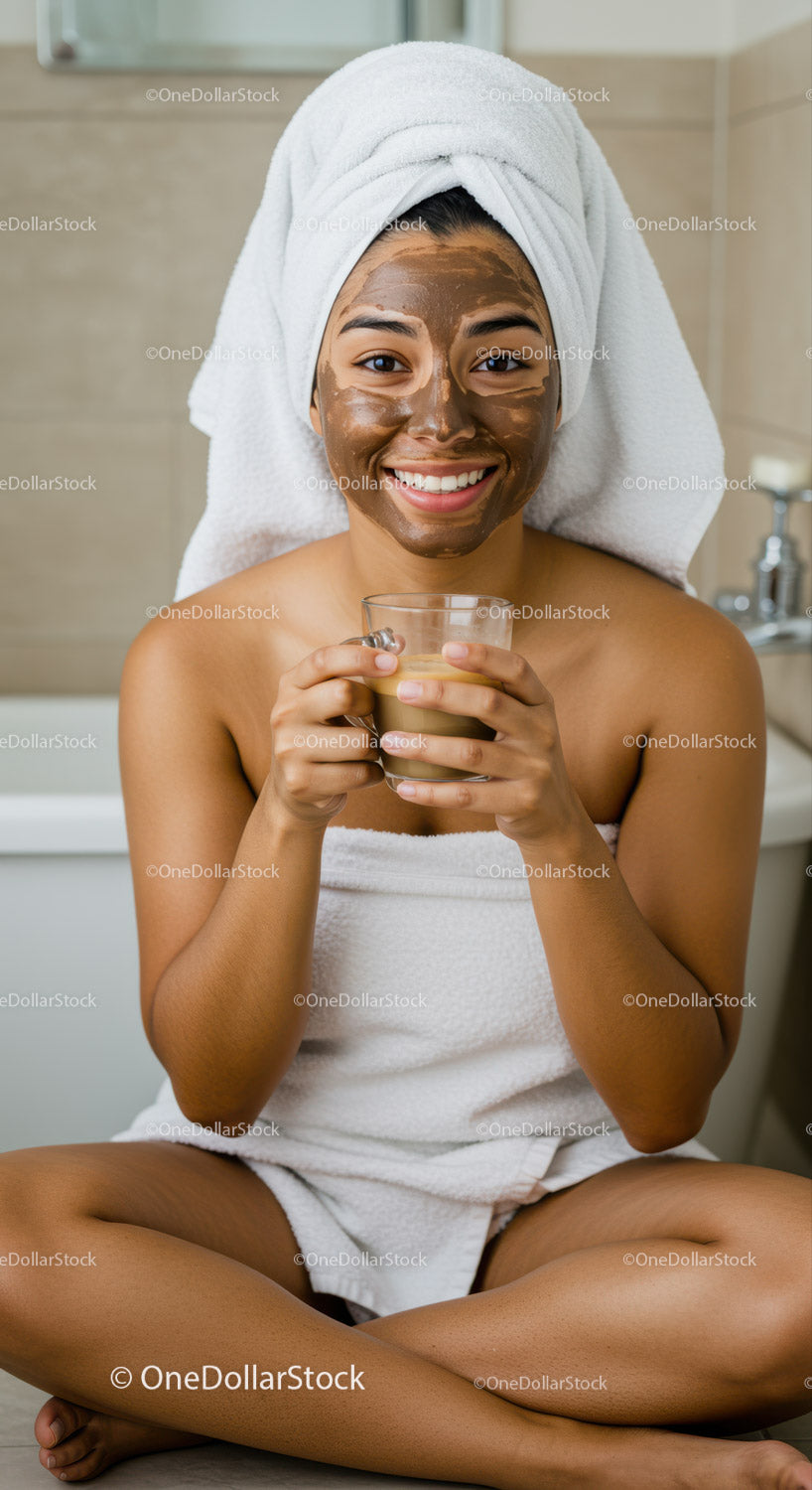 Young Woman Relaxing with Chocolate Face Mask and Drink in Bathroom