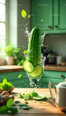 Fresh cucumber with water splash and herb leaves