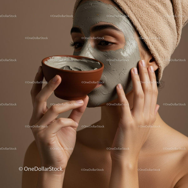Woman Applying Clay Facial Mask with Bowl in Relaxing Spa Setting