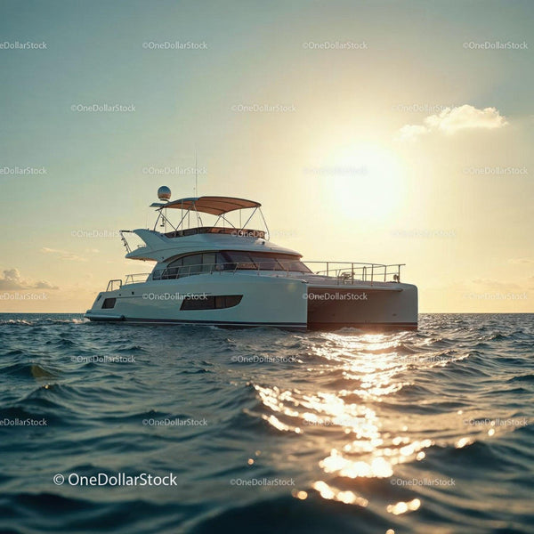 Luxury Yacht Sailing on Calm Ocean During Sunset