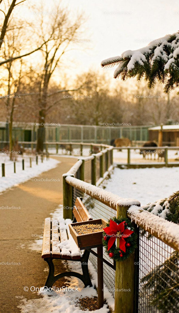 Snow-covered bench and bird feeder with festive wreath