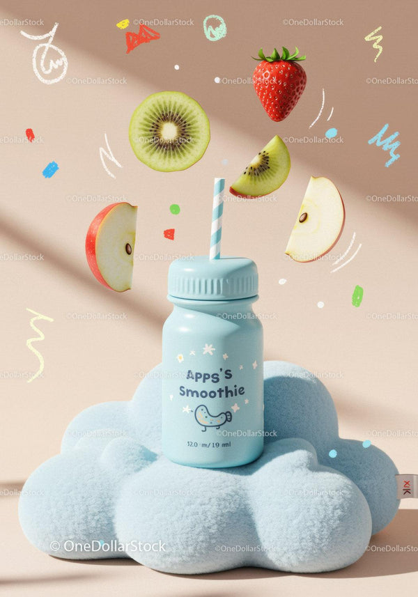 Blue smoothie bottle on soft cloud with floating fruits