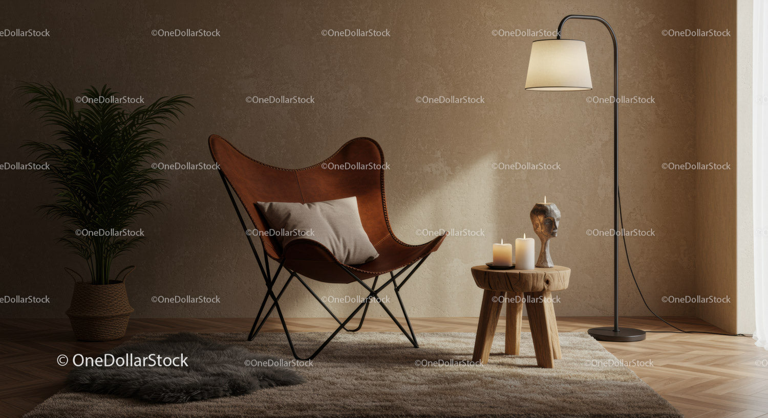 Cozy corner with leather chair and warm lighting