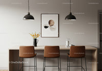 Modern minimalist dining area with wooden table and brown leather chairs