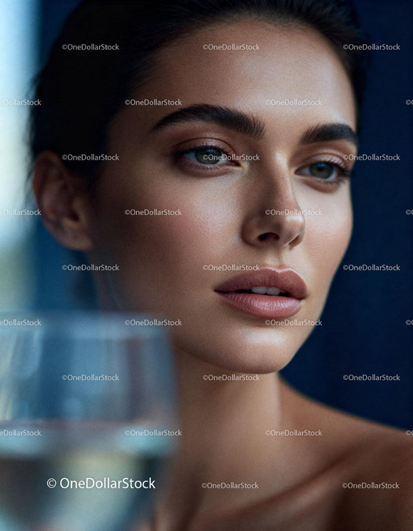 Close-up of thoughtful young woman with flawless skin