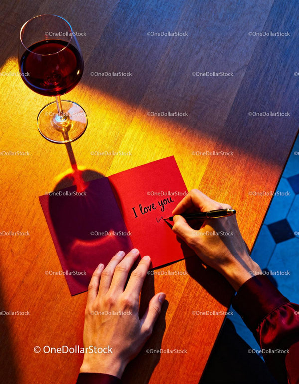 Writing a heartfelt love note with glass of red wine