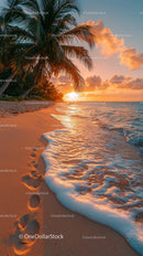 Sunset Over Tropical Beach with Palm Trees and Clear Ocean Water
