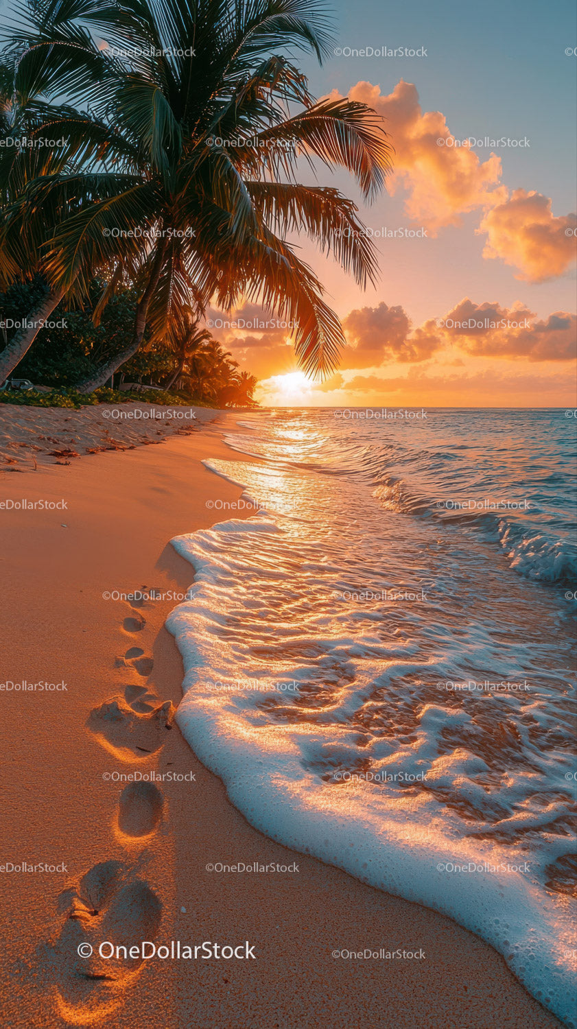 Sunset Over Tropical Beach with Palm Trees and Clear Ocean Water
