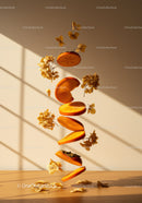 Floating persimmon slices with dried flowers in sunlight