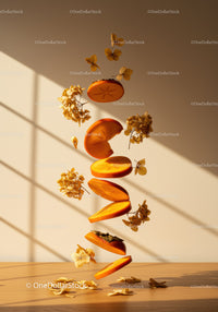 Floating persimmon slices with dried flowers in sunlight