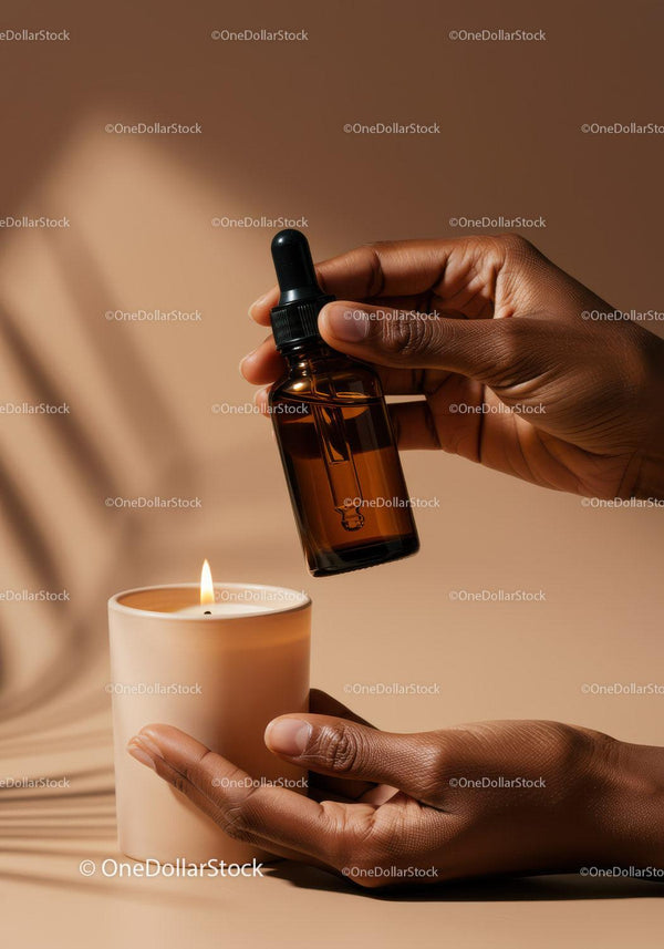 Glass Dropper Bottle with Essential Oil and Burning Candle JPG Mockup Image