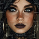 Close-up Portrait of a Woman with Bold Makeup and Blue Eyes