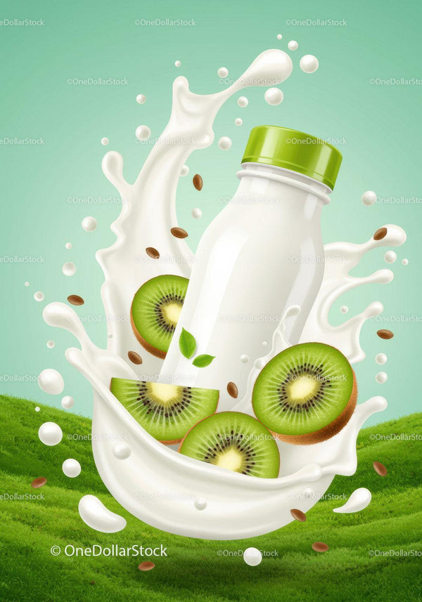 Fresh Kiwi Slices Surrounding Milk Bottle Splash JPG Mockup Image