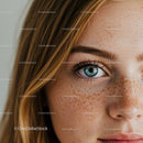 Close up of calm young woman with freckles and blue eye