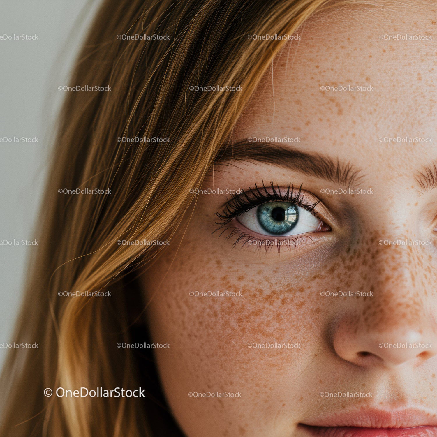 Close up of calm young woman with freckles and blue eye