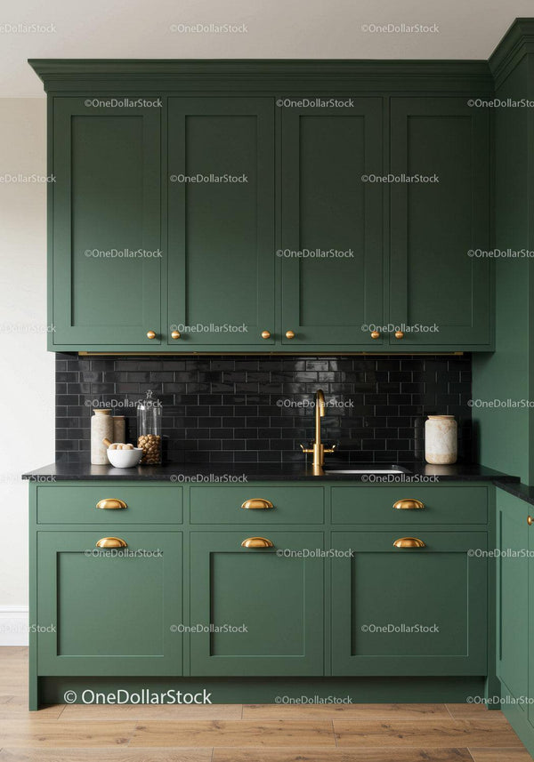 Stylish Green Kitchen Cabinets with Black Subway Tile Backsplash and Gold Hardware