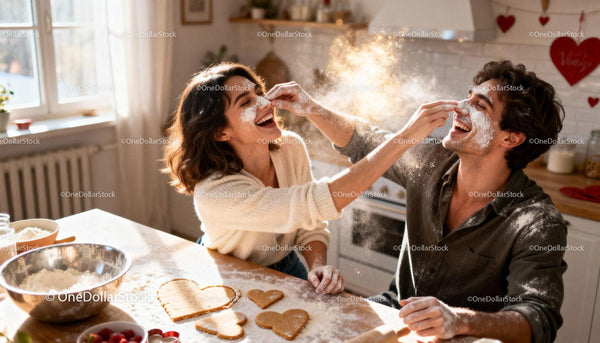Couple Playfully Baking Valentines Day Cookies Together