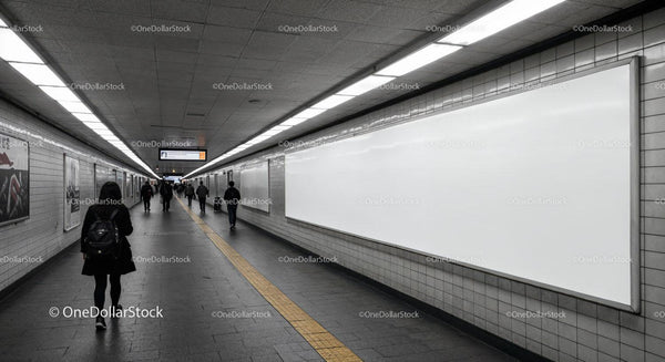 Modern Subway Tunnel with Commuters and Tiled Walls JPG Mockup Image