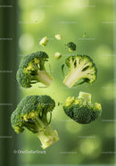 Fresh Broccoli Florets Floating on Green Background