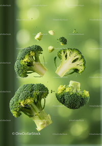 Fresh Broccoli Florets Floating on Green Background