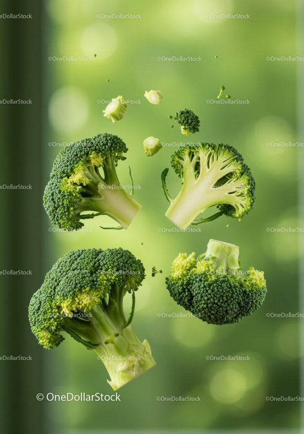 Fresh Broccoli Florets Floating on Green Background