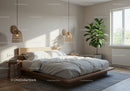 Minimalist bedroom with wooden furniture and green plant
