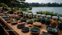 Herbal Collection with Jars of Dried Herbs and Spices by the Lake