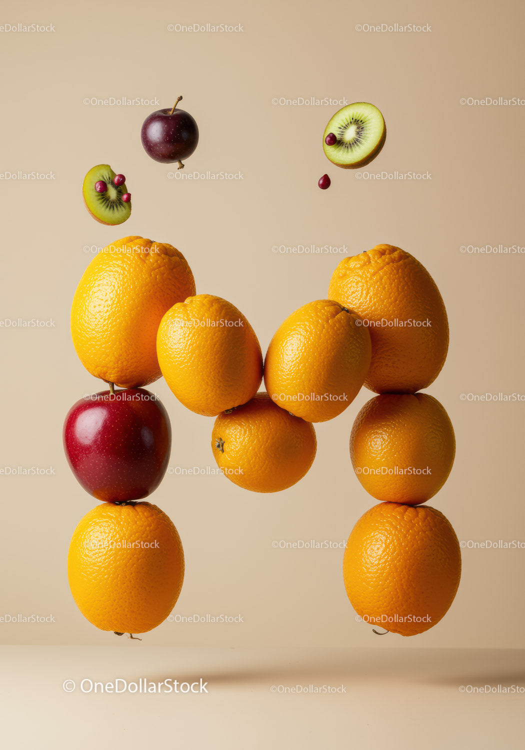 Floating fresh oranges apples and kiwi slices