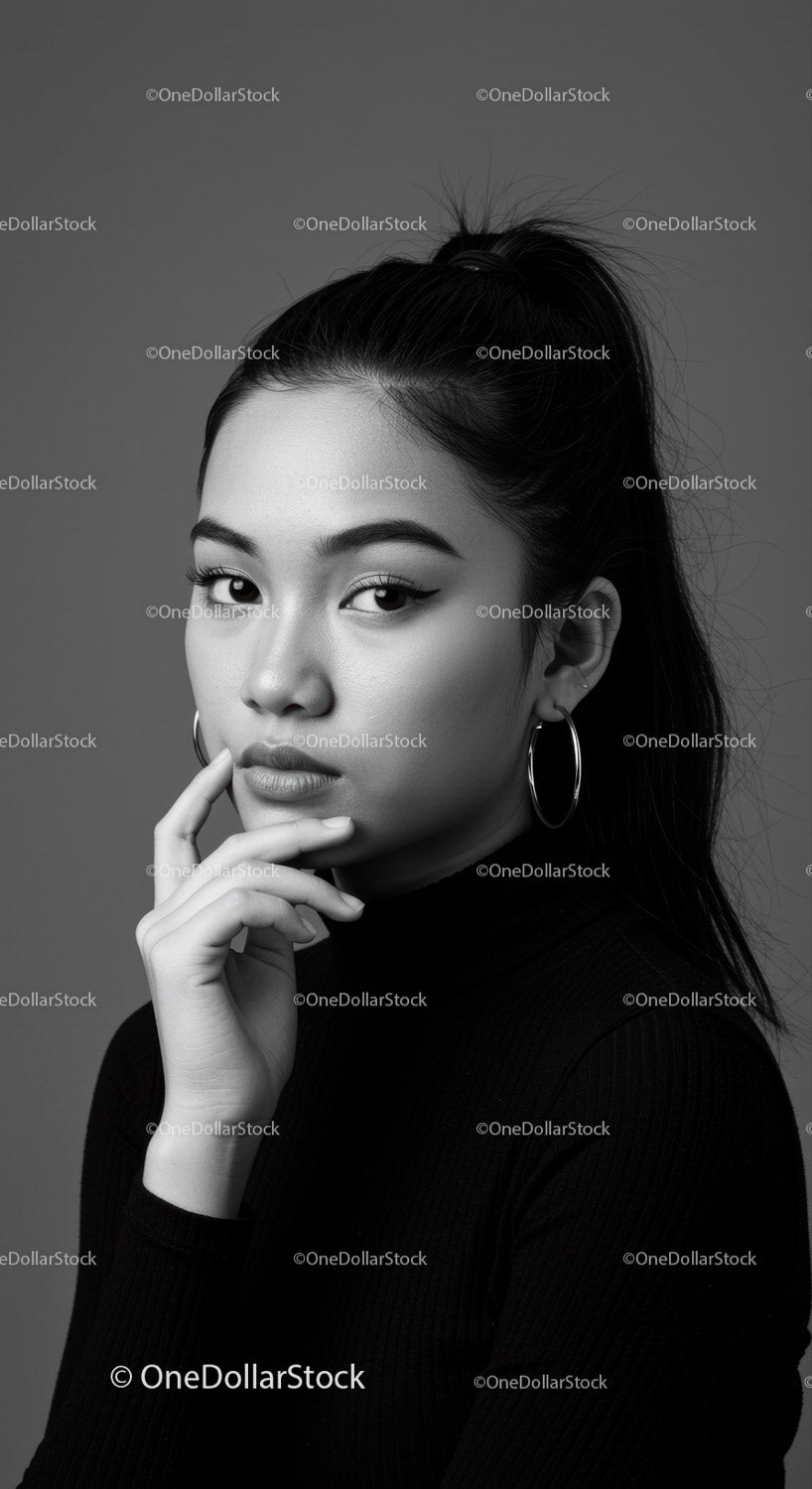 Elegant Black and White Portrait of Young Woman with Hoop Earrings