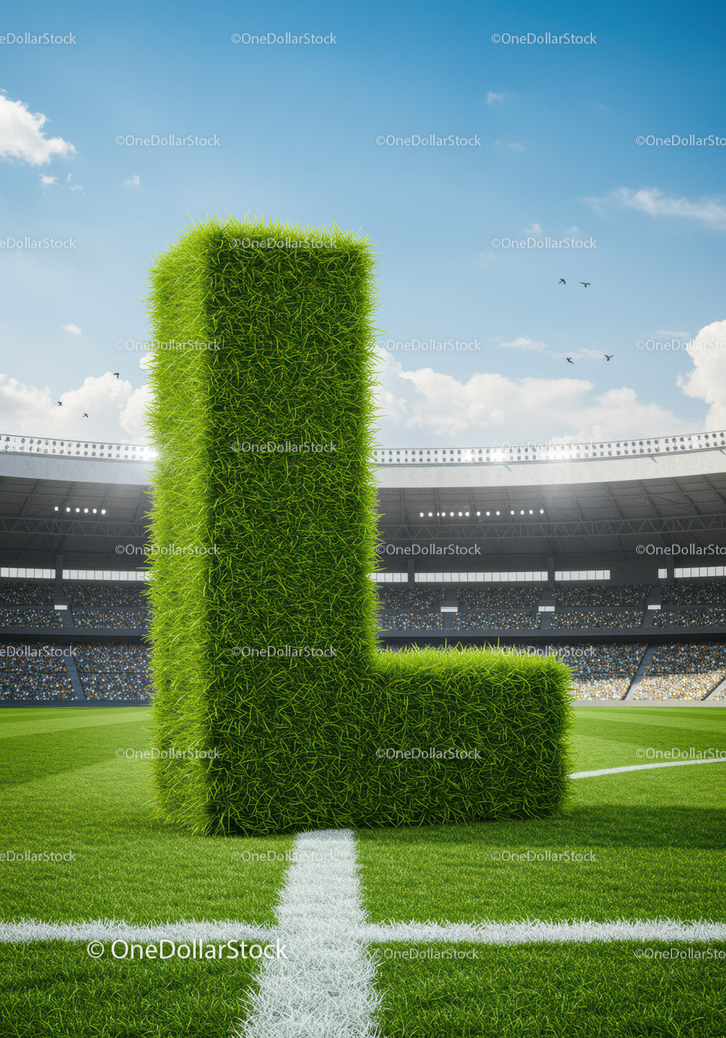 Litera L z trawy stojąca na boisku piłkarskim stadionu