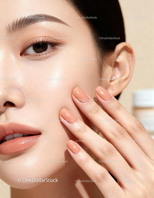 Zbliżenie na kobietę z naturalnym makijażem i nude manicure