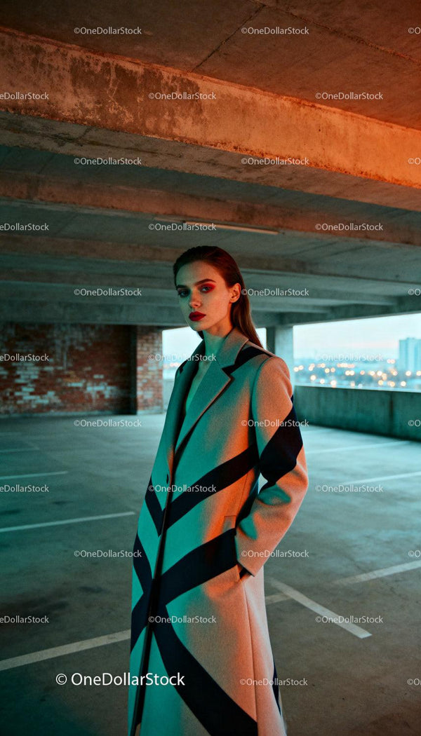 Stylish woman with bold makeup in urban parking garage