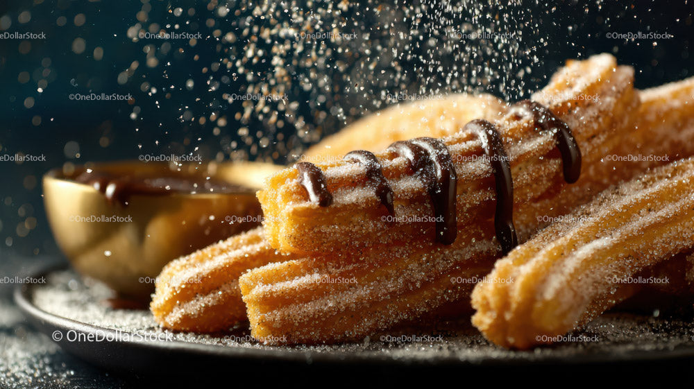 Golden Churros with Chocolate Drizzle and Powdered Sugar