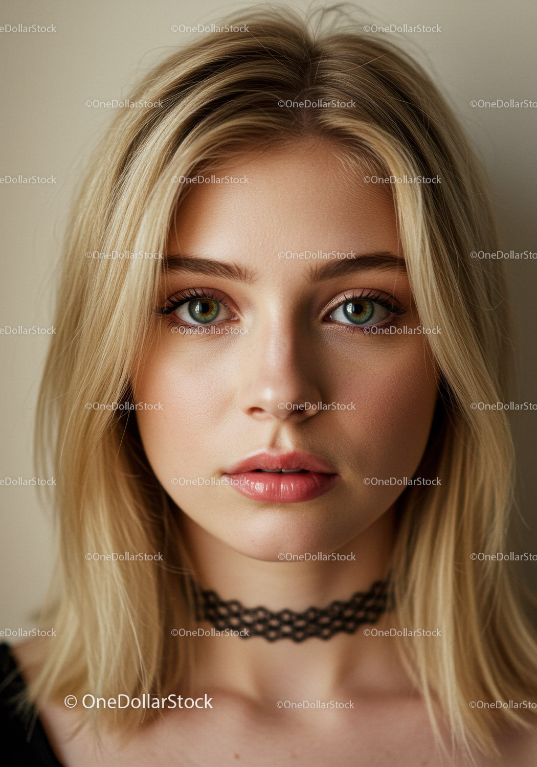 Portret młodej kobiety o blond włosach i zielonych oczach