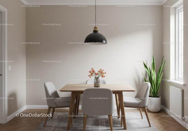 Bright Minimalist Dining Room with Green Indoor Plant and Natural Light